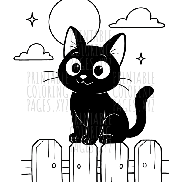 Black Cat On Moonlit Fence Coloring Page