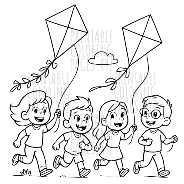 Joyful Kids Flying Colorful Kites