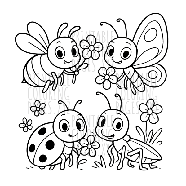 Whimsical Garden of Cute Insects and Flowers