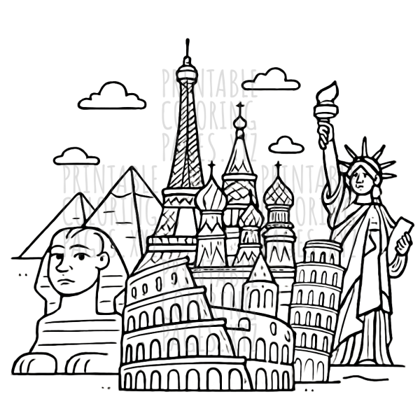 Iconic World Landmarks Collage Coloring Adventure