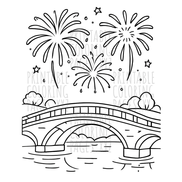 Spectacular Fireworks Over River Bridge