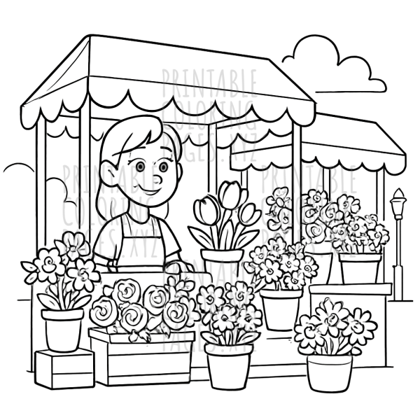 Vibrant Flower Market Stalls Illustration