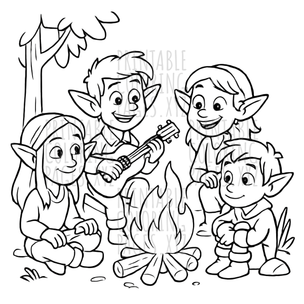 Magical Forest Elves Gathered Around a Cozy Campfire