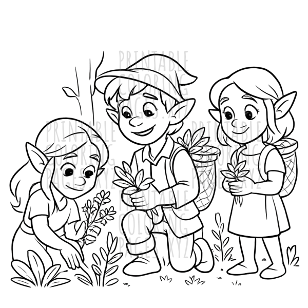 Mystical Forest Elves Gathering Herbs