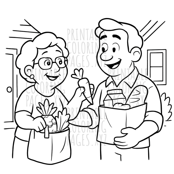 Friendly Neighbors Sharing Groceries - A Heartwarming Scene to Color