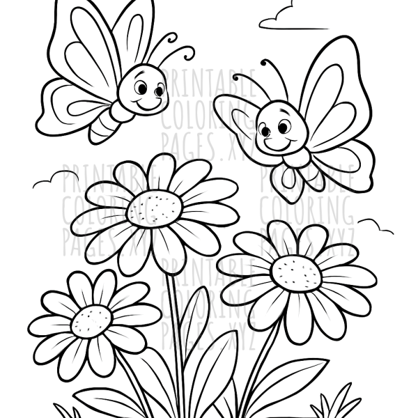 Sunny Garden Daisies with Fluttering Butterflies