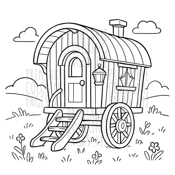Whimsical Gypsy Caravan in a Sunlit Meadow