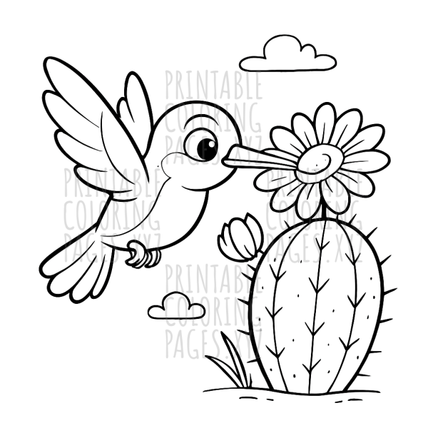 Graceful Hummingbird and Blooming Cactus Scene