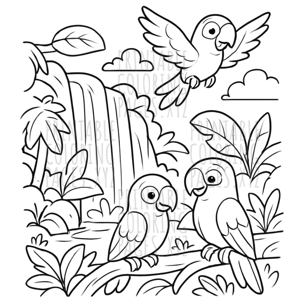 Jungle Waterfall Adventure with Colorful Parrots