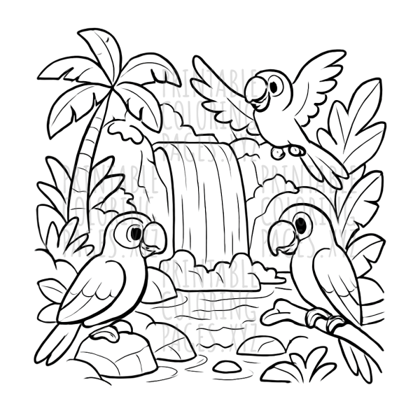 Jungle Waterfall Adventure with Vibrant Parrots