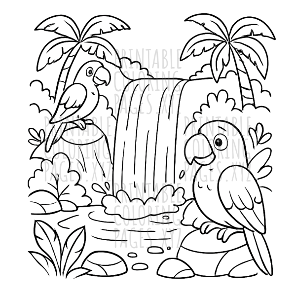 Vibrant Jungle Waterfall Adventure with Parrots