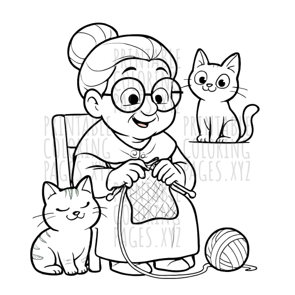 Cozy Knitting Grandma Surrounded by Cats