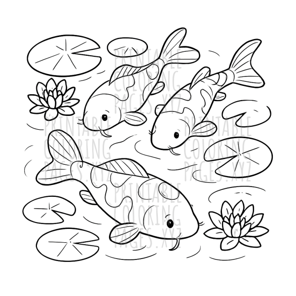 Serene Koi Pond with Lily Pads Coloring Scene
