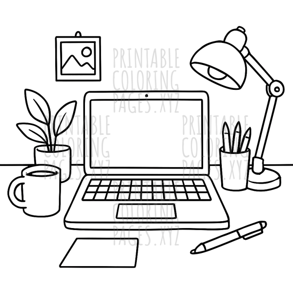 Creative Modern Laptop Workspace Scene for Coloring Fun