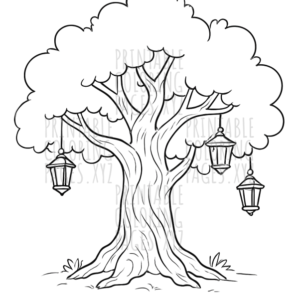 Enchanting Old Oak Tree with Glowing Lanterns