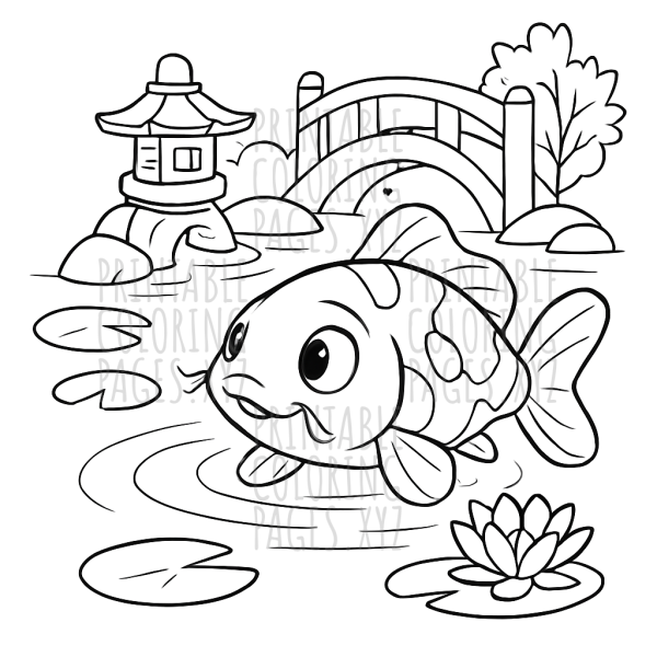 Tranquil Oriental Koi Pond Scene for Relaxing Coloring Fun