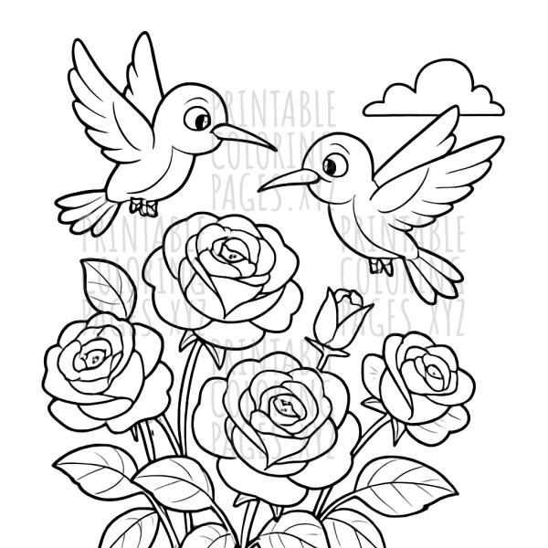 Blooming Rose Garden with Fluttering Hummingbirds