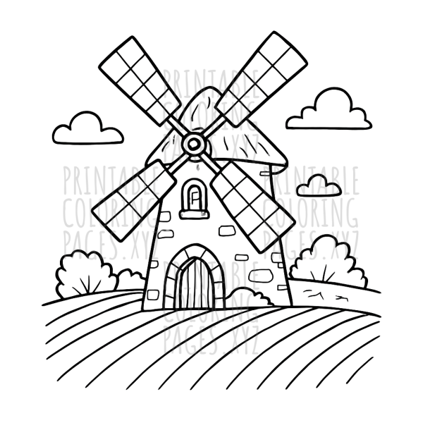 Tranquil Rustic Windmill and Fields Scene