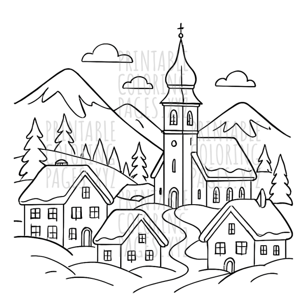 Cozy Snowy Alpine Village Scene for Creative Coloring