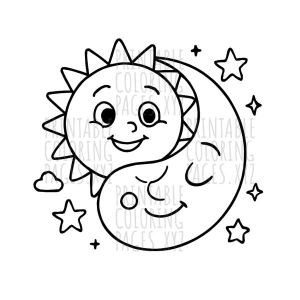 Harmonious Sun and Moon Yin Yang Coloring Scene