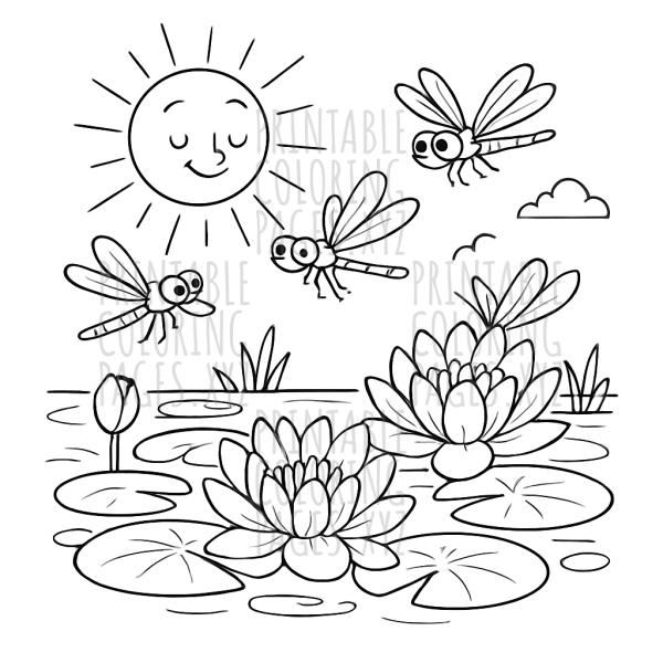Serene Sunlit Lily Pond with Dragonflies