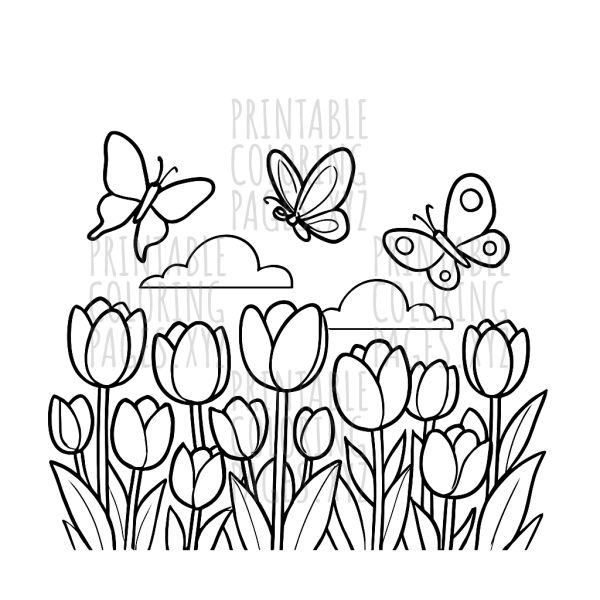 Blooming Tulip Field with Fluttering Butterflies