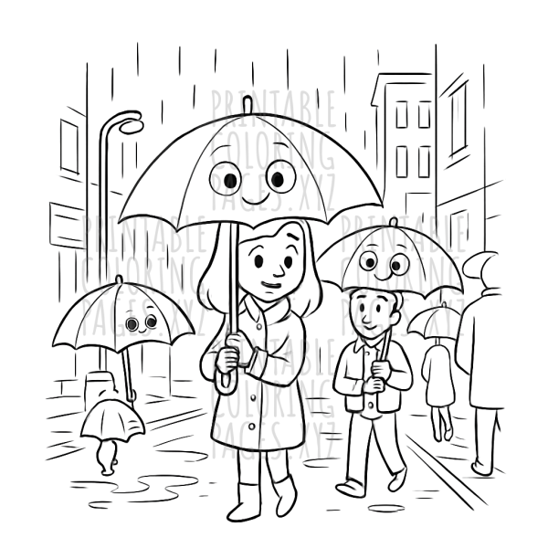 Rainy Day City Stroll with Colorful Umbrellas