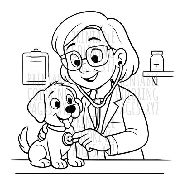 Caring Vet Helping Puppy Coloring Fun