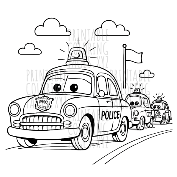 Classic Vintage Police Cars Parade Coloring Scene