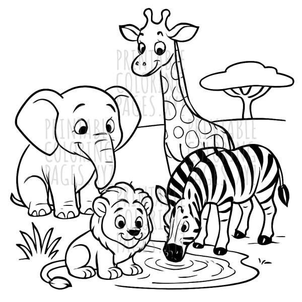 Wildlife Gathering by the Watering Hole