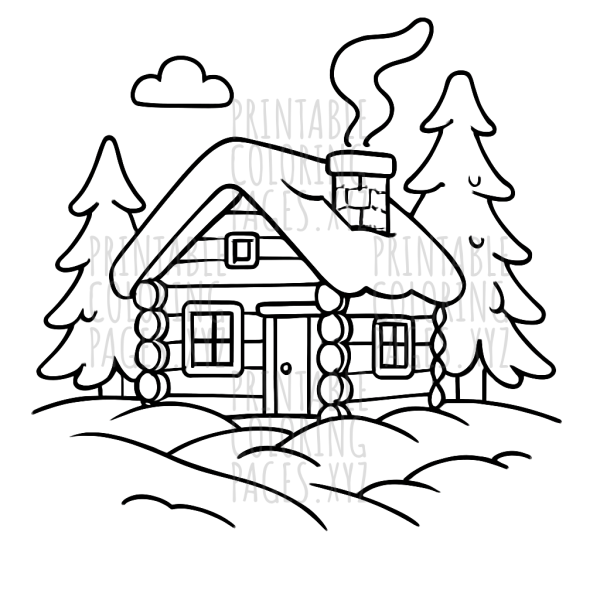 Cozy Winter Cabin in Snowy Woods Scene
