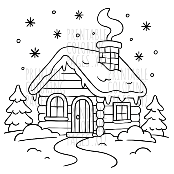 Cozy Winter Cabin with Snowflakes Scene